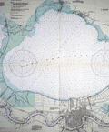 Large colored chart of Lake Ponchartain and New Orleans.