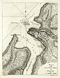 Antique engraved plan of Chagres, Panama with Fort San Lorenzo .