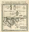 Earliest printed map of the Galapagos Islands, in the Pacific Ocean.