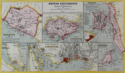Map of British settlements, including Singapore, on the Malay Peninsula and on the coast of Borneo from 1870 by Archibald Fullarton. 