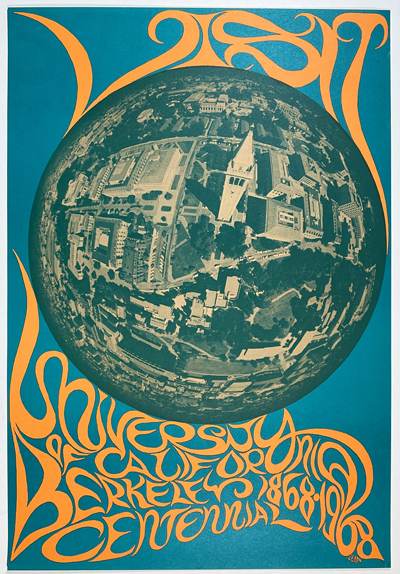 60's-era poster view of the campanille and campus of the University of California Berkeley, 
