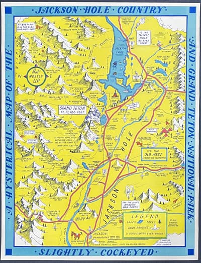 Pictorial map of the area around Jackson Hole, Wyoming by Jolly Lindgren in 1948.