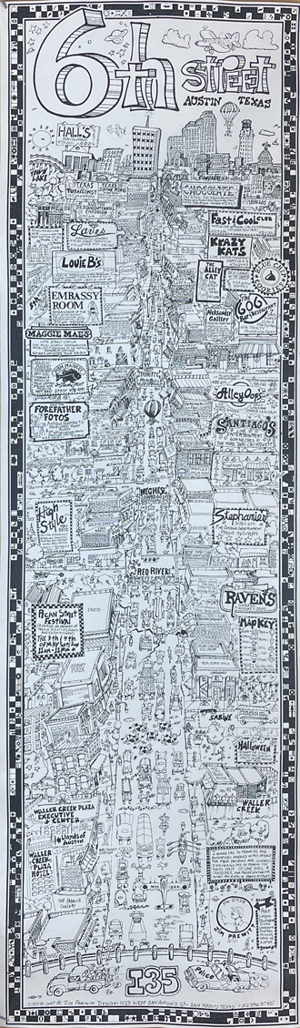 Pictorial fun map of Austin's 6th Street in 1980.