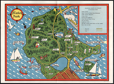 Beautiful lithographed pictorial map of Stanley Park, Vancouver, Canada by Peter Hugh Page, ca. 1940.
