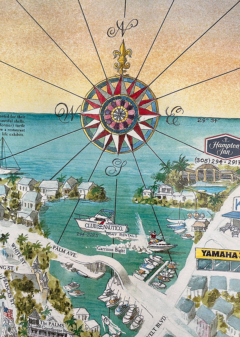 Compass rose from a pictorial map of Key West by David Harrison Wright