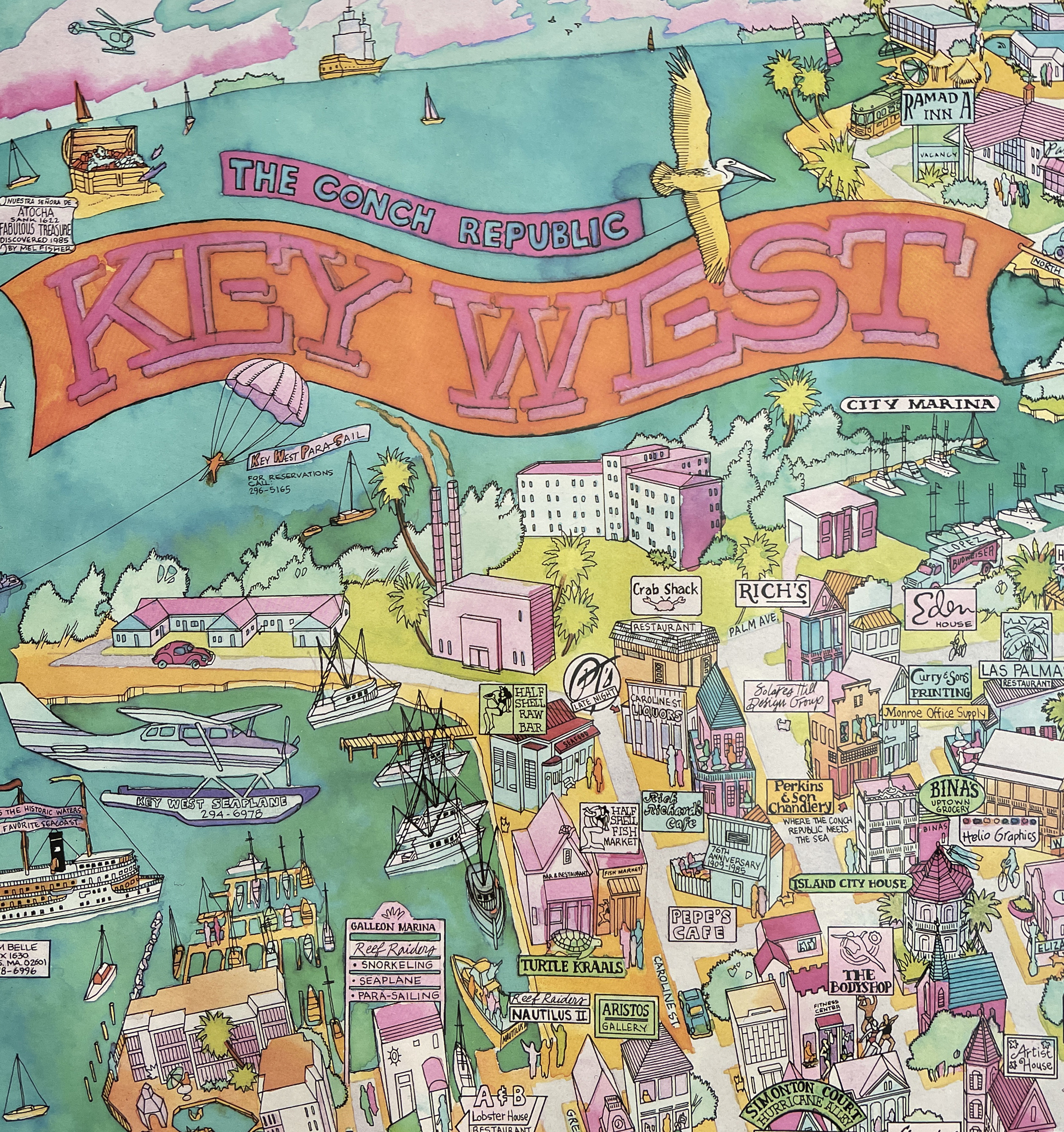 Pictorial advertising map of the  Conch Republic or Key West Florida by Ron Baeza in 1985.