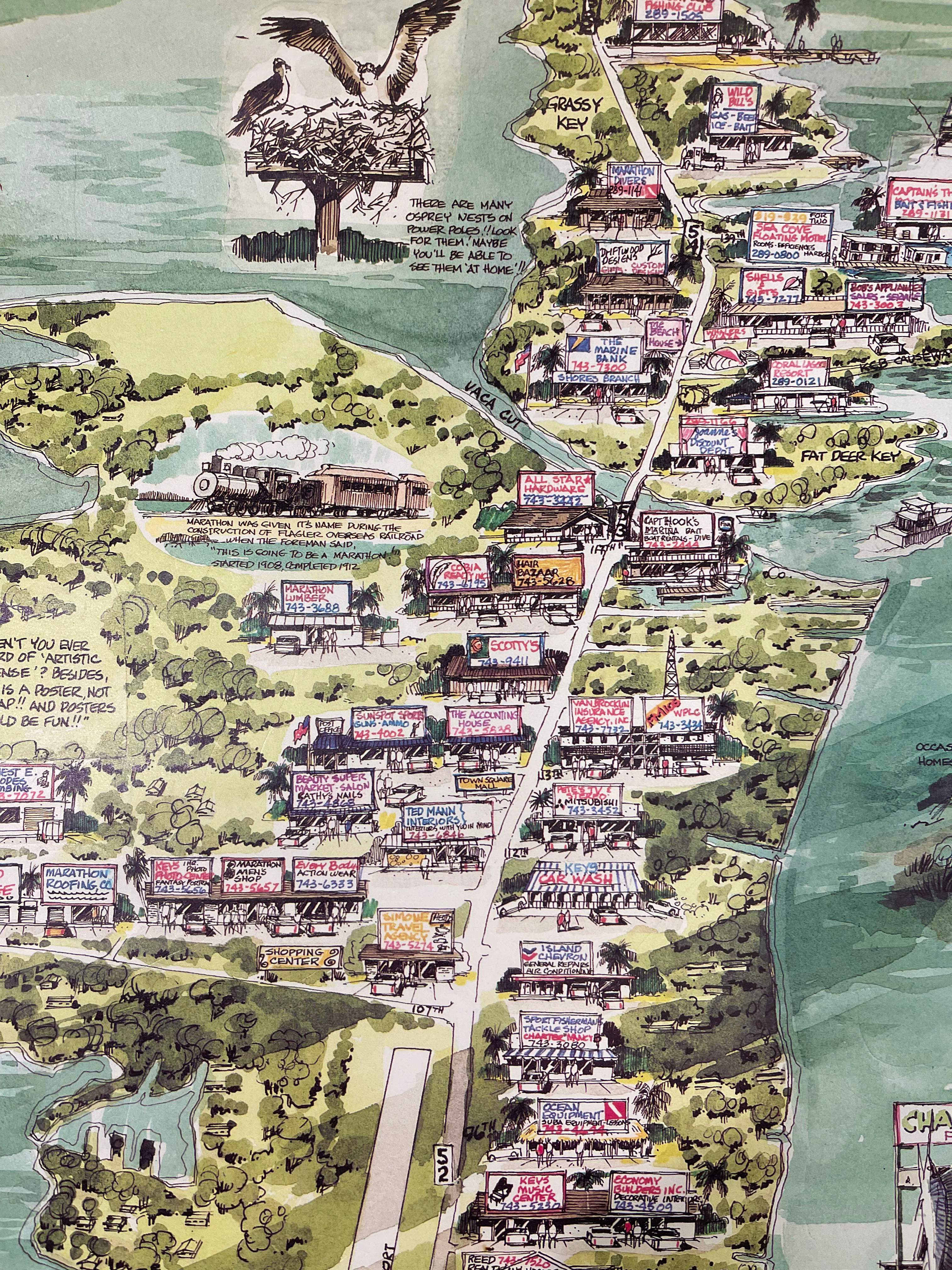 Pictorial advertising poster map of Marathon, Florida by Ron Weaver in 1985