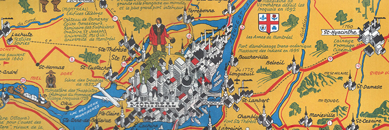 Stanley Turner pictorial view of Montreal, Canada from 1948 Brading Brewery map.