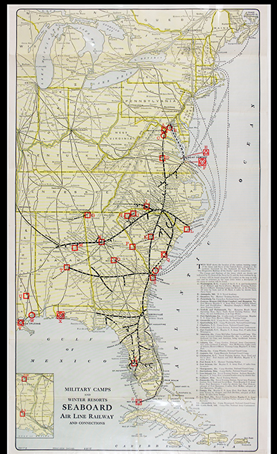 WWI-era map titled Military Camps and Nearby Resorts. Winter Near Your Soldier Boy published by Seaboard Air Line Railway in 1917.