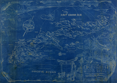 Cyanotype or blueprint G.I. pictorial map of Okinawa, 1945.