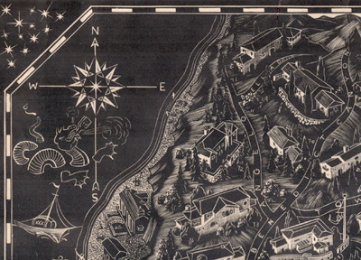 Rare lithographed pictorial map of Beverly Hills, California, 1932.  Cinema Heaven with homes of movie stars by California artist and printmaker Paul Landacre.